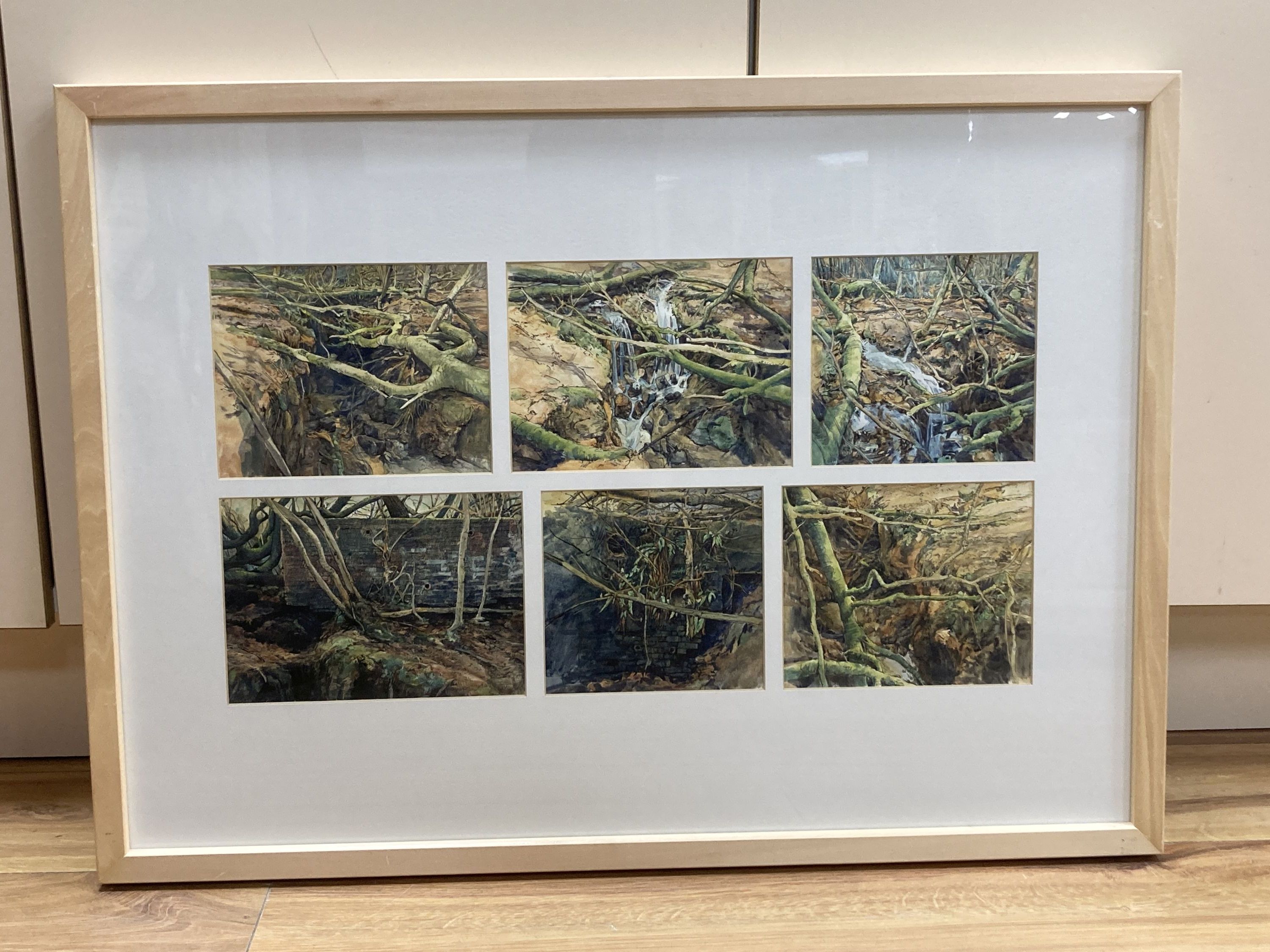 John Wiltshire, six watercolours, Studies of the Tank Bridge, Exhibition label verso, overall 30 x 55cm, framed as one